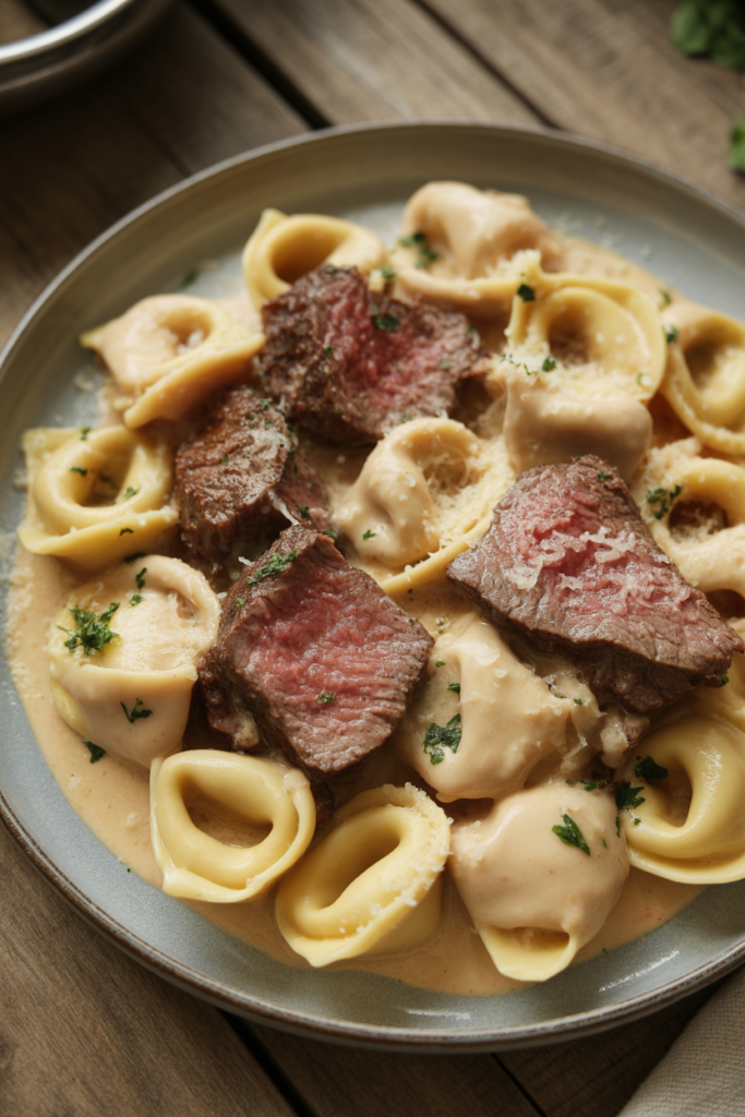 Juicy Steak Tortellini with Creamy Alfredo Sauce