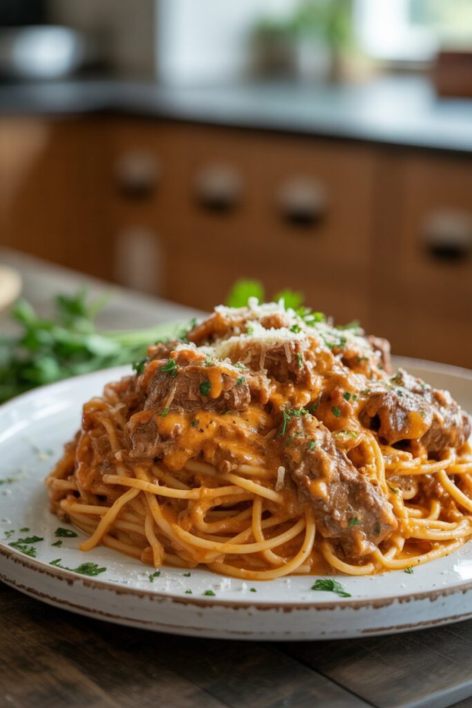 Cajun Beef Spaghetti in Creamy Three-Cheese Parmesan Sauce