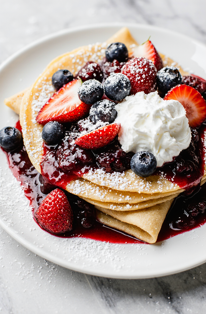 Delicious French Crêpes with Fresh Berries and Whipped Cream