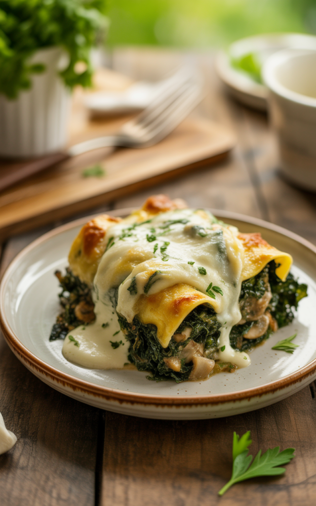 Kale and Mushroom Lasagna Rolls with Creamy Cauliflower Gorgonzola Sauce