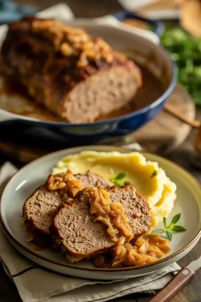Homemade Baked Meatloaf with Onion Gravy