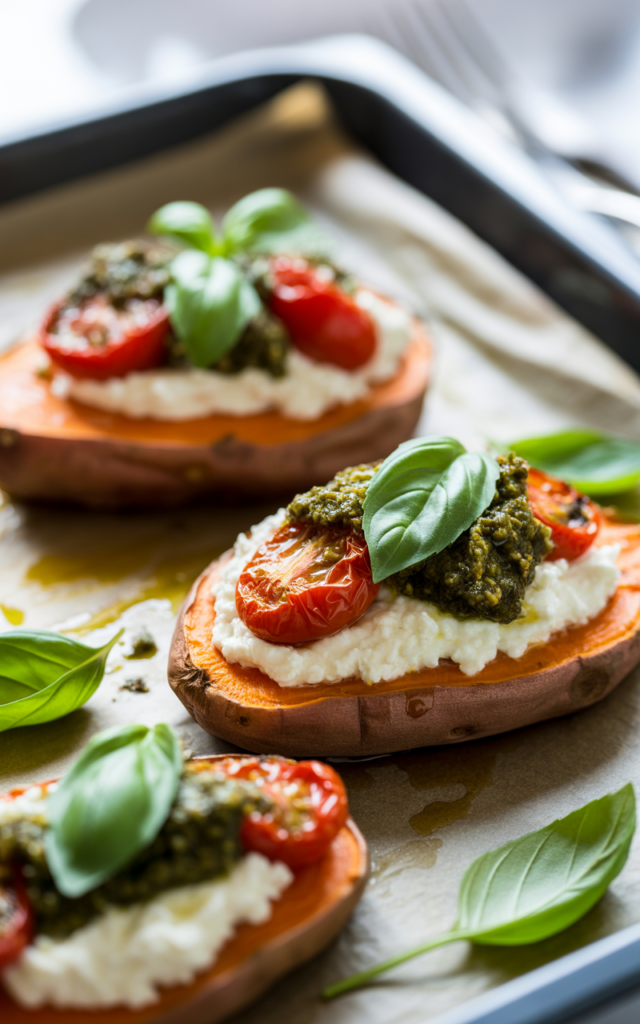 Baked Sweet Potatoes with Ricotta, Cherry Tomatoes & Pesto