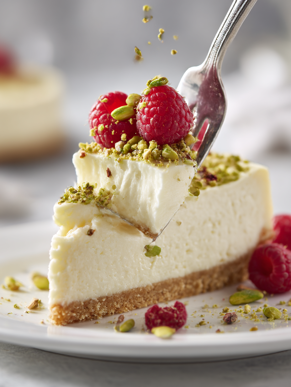 Creamy Cheesecake with Fresh Raspberries & Pistachios – Irresistibly Soft & Dreamy