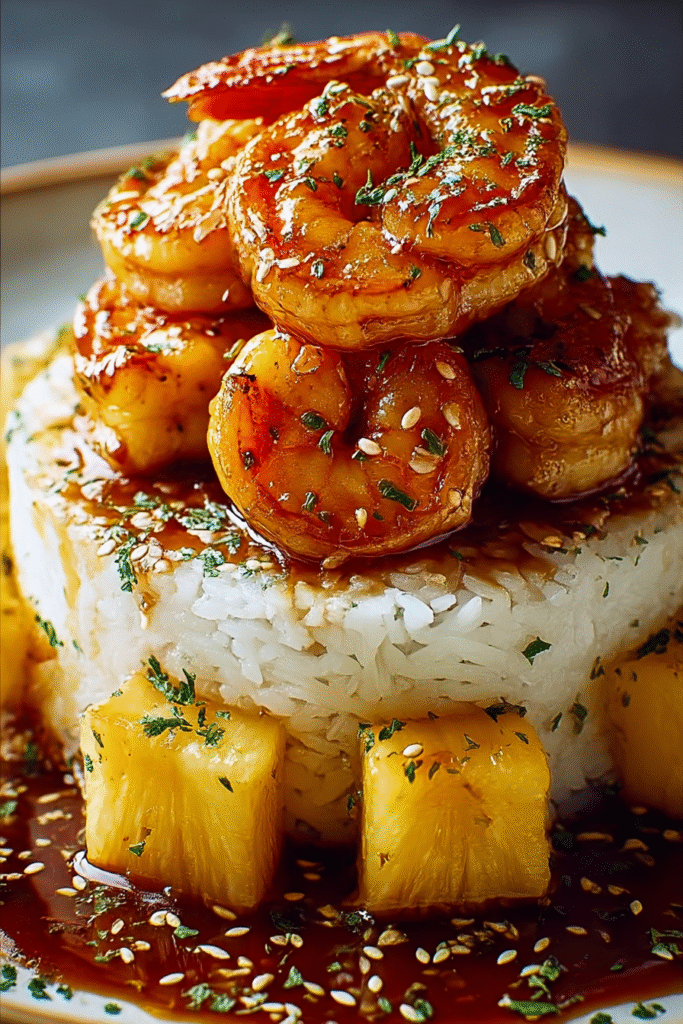 Caramelized Shrimp & Pineapple Rice Stack: A Sweet & Savory Tropical Delight